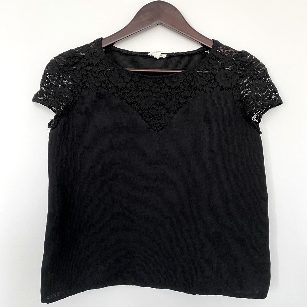 Pablo Lace Contrast Trim Cap Sleeve Black Blouse Top